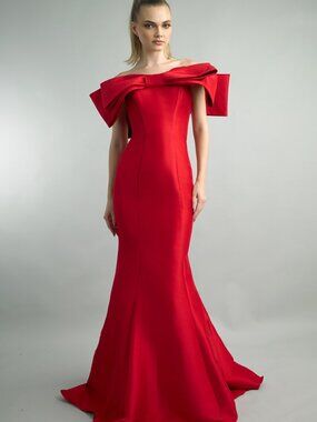 D1781L Bow Front Off-Shoulder Mikado Gown - Red